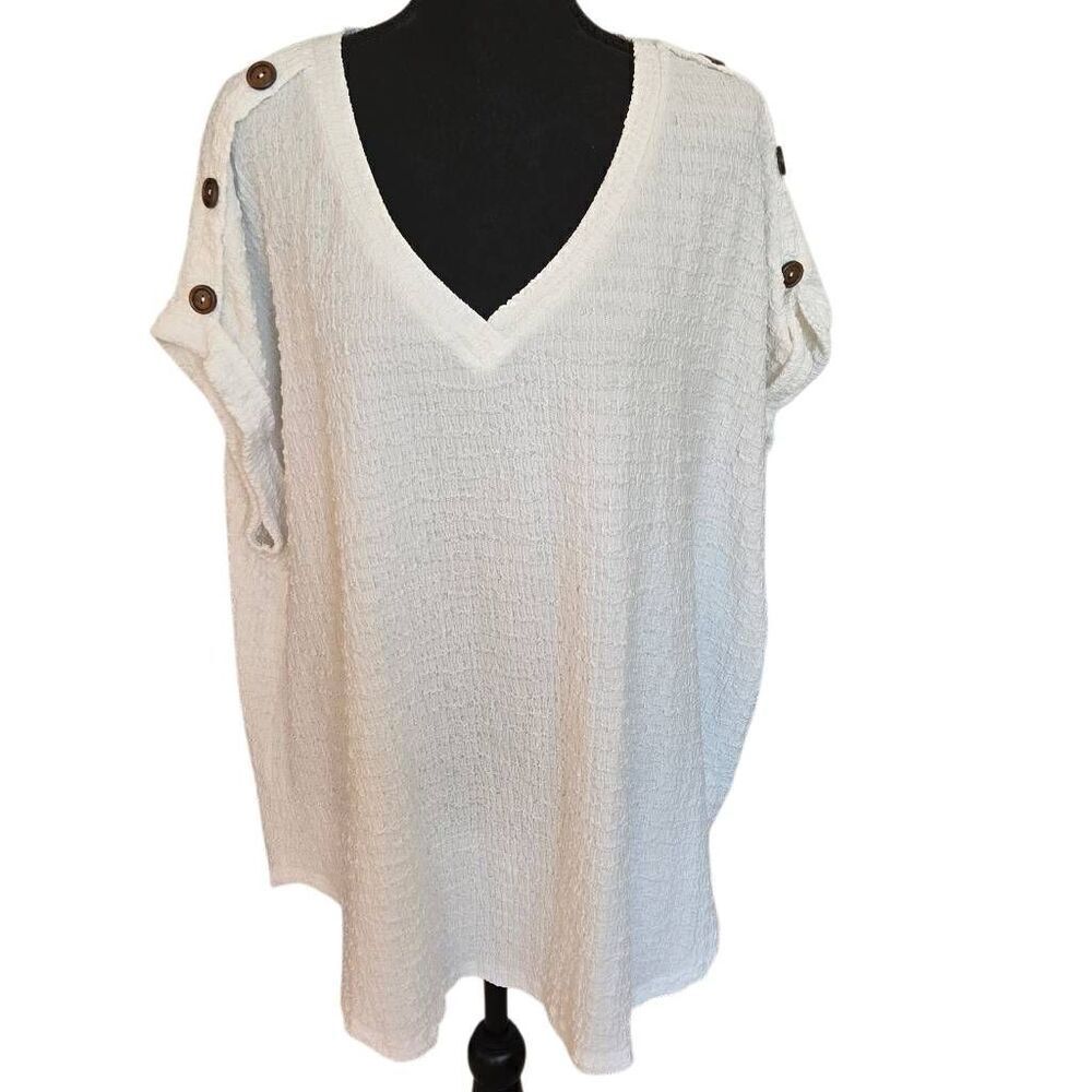 Bunulu Women's  V-Neck Short Sleeve Textured Oversized Top White Plus Size 2X